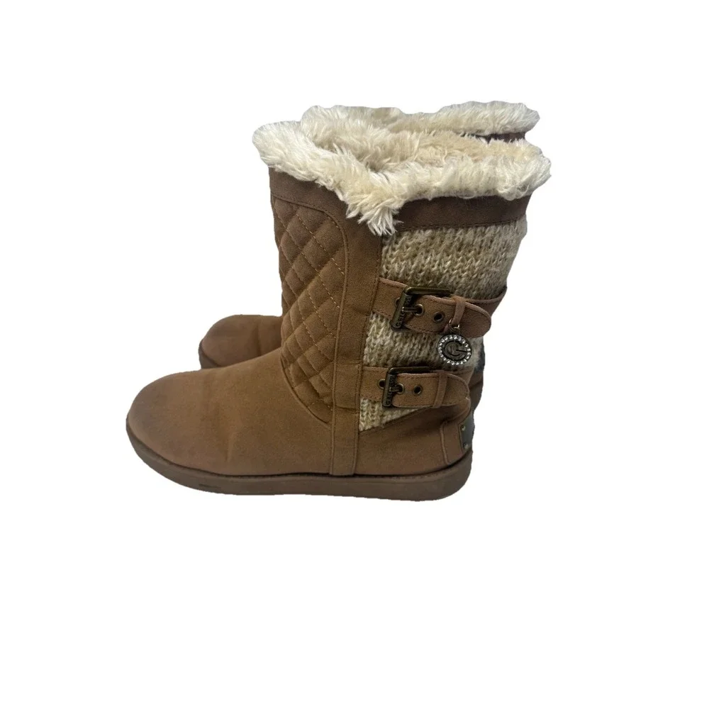 🔥Guess‎ 🤎Quilted Knit Fur Y2k Cuff Mid-Calf Bling 💎Boots Buckle  'G' Charm -8